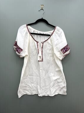 J.Crew White Peasant Top Embroidered Folk Bohemian Blouse Small